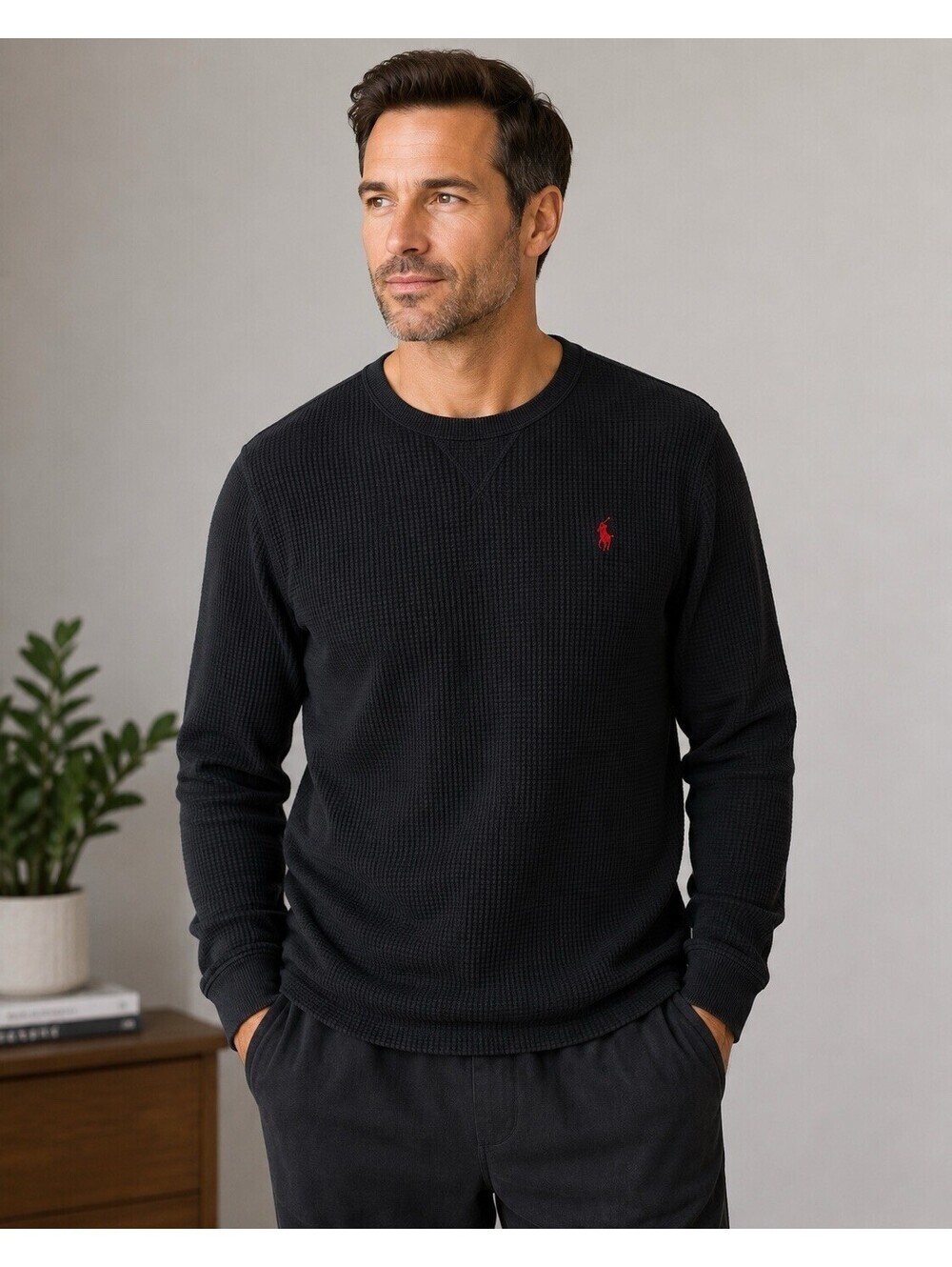 Polo Ralph Lauren Black Waffle Knit Thermal Shirt XL Long Sleeve Red Pony Preppy